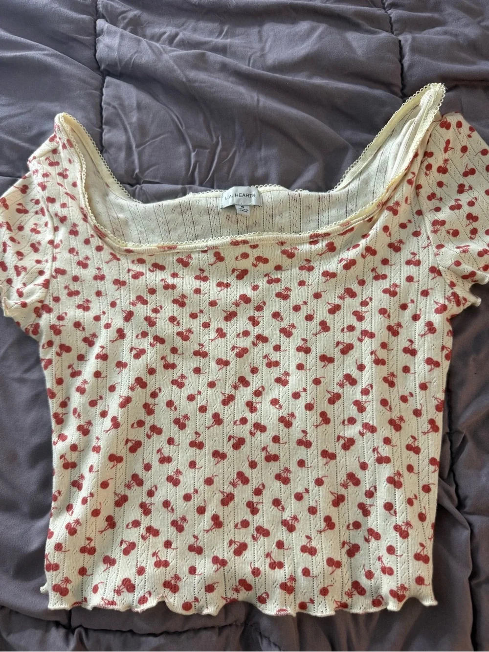La Hearts Cream Ribbed Scoop Crop Top with Red Cherry Print